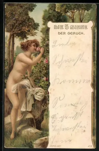 Lithographie Die fünf Sinne, der Geruch, Allegorie, weiblicher Akt mit Rosen