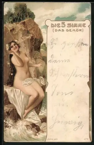 AK Jugendstil, Allegorie: 5 Sinne, Das Gehör, Nackte Dame hört das Meeresrauschen