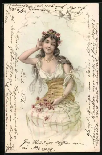 Lithographie Junges Mädchen mit Rosenkranz im langen Haar, Jugendstil