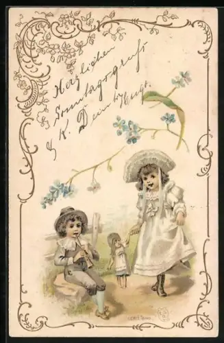 AK Spielende Kinder mit Flöte und Puppe
