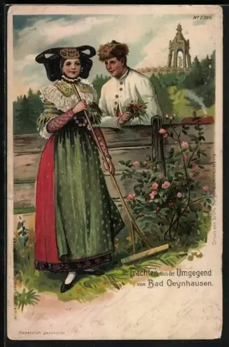 Lithographie Bad Oeynhausen, Paar in Trachten der Umgebung