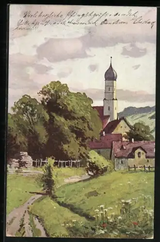 Künstler-AK August Splitgerber: Feldweg mit Blick zur Kirche