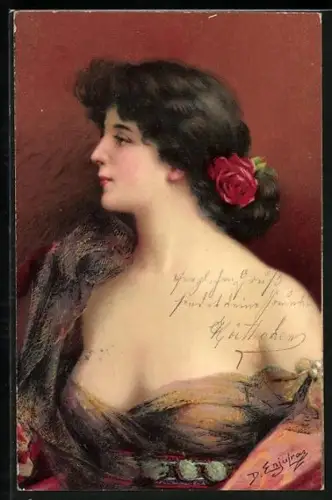 Künstler-AK Delphin Enjolras: Wunderschöne Frau mit Rose i m Haar