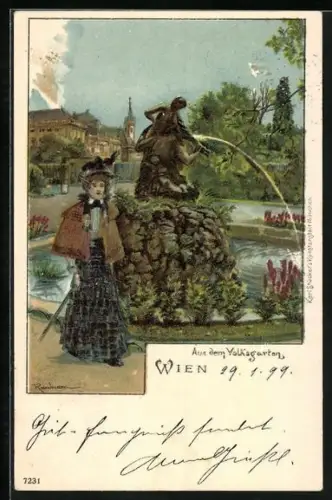 Lithographie Wien I, Aus dem Volksgarten, Spaziergängerin am Brunnen um 1900