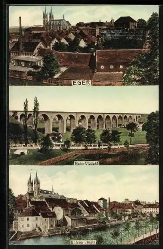 AK Eger, Panorama, Bahn-Viadukt, Unterer Anger