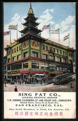 AK San Francisco, Cal., Chinese Bazaar Sing Fat Co., Strassenbahn