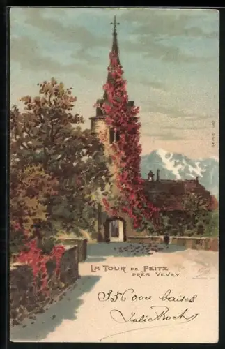 Lithographie La Tour-de-Peilz, pres Vevey, Blick zur Kirche