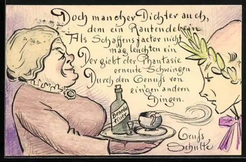 Künstler-AK Handgemalt von Schulte: Frau bringt einem Dichter Benediktiner