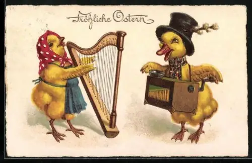 Künstler-AK Ostergruss, Musizierende Osterküken mit Harfe und Leierkasten