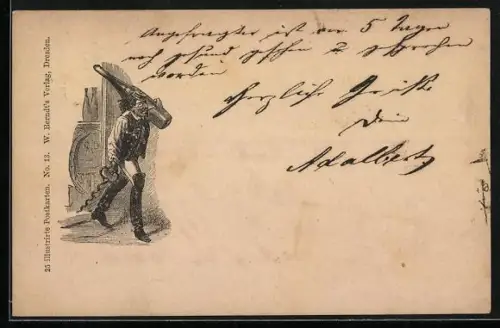 Vorläufer-Lithographie Student trägt eine riesige Weinflasche und einen Korkenzieher, 1878