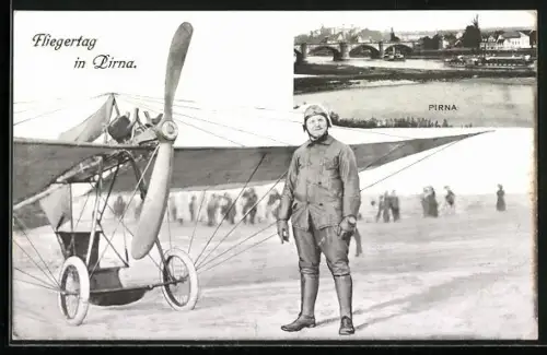 AK Pirna, Fliegertag 1911, Pilot neben seinem Flugzeug, Stadtpanorama