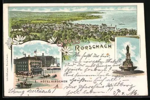 Lithographie Rorschach, Hotel Hirschen, Jakobs Brunnen, Ortsansicht aus der Vogelschau