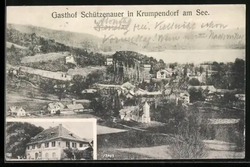 AK Krumpendorf am See, Gasthof Schützenauer, Ortsansicht aus der Vogelschau