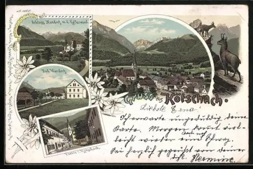 Lithographie Kötschach, Bad Mandorf, Schloss Mandorf m. d. Kellerwand, Partie im Ort