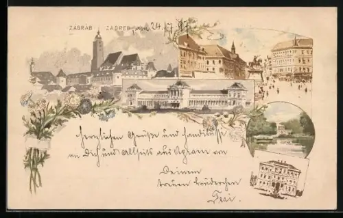 Lithographie Zagreb, Denkmal, Teichpartie, Blick in den Ort