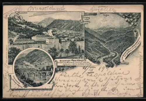 Lithographie Mailand, Bahnhof Steinbrück, Erzherzog Johann-Brücke, Das Savethal