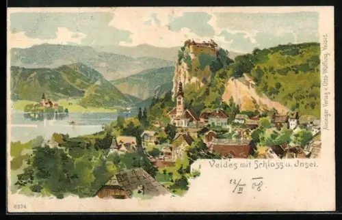 Lithographie Veides, Ortsansicht mit Schloss und Insel