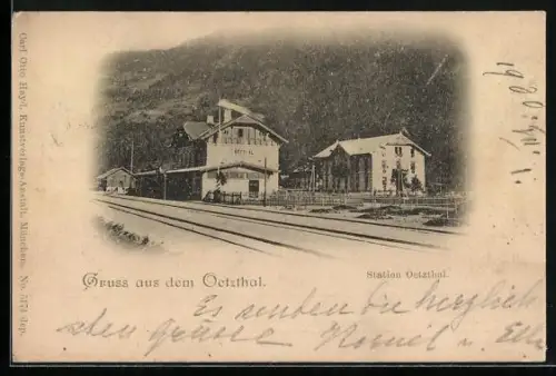 AK Oetz, Gruss aus dem Oetzthal, Blick auf den Bahnhof