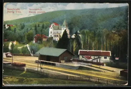 AK Sauerbrunn, Hartig Villa mit Bahnhof