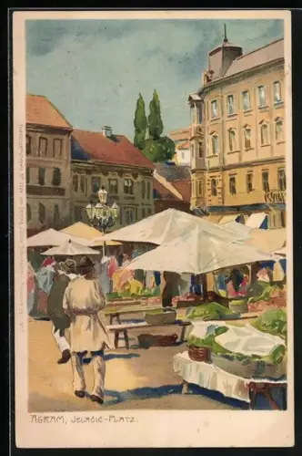 Lithographie Agram, Jelacic-Plaz mit Marktständen