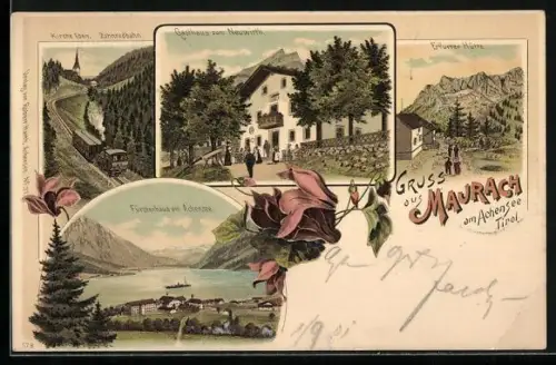 Lithographie Maurach am Achensee, Gasthaus zum Neuwirth, Fürstenhaus und Erfurter Hütte