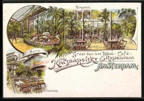 Lithographie Amsterdam, Hôtel-Café Krasnapolsky, Serre, Zomertuin, Wintertuin