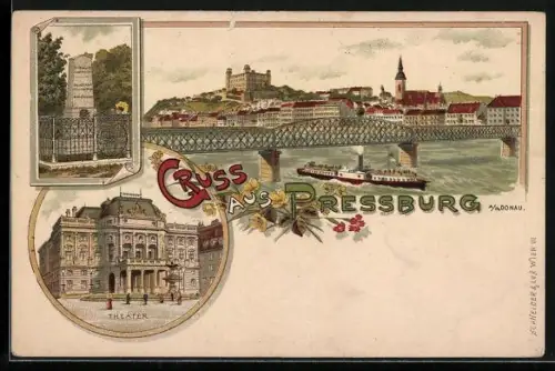 Lithographie Pressburg, Theater, Denkmal, Dampfer passiert den Ort