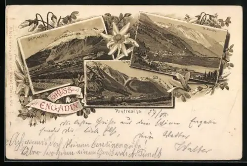 Lithographie Pontresina /Engadin, Panorama, Samaden und S. Moritz