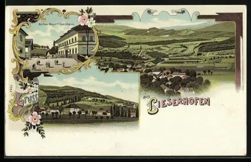Lithographie Seeboden am Millstätter See, Lieserhofen, Anton Mayr`s Gasthaus mit Panorama