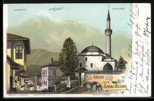 Lithographie Sarajevo, Ortspartie mit Moschee vor Bergkulisse