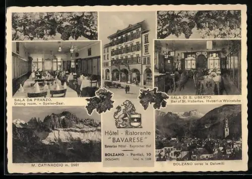 AK Bolzano, Hotel-Ristorante Bavarese, Sala da Pranzo, Sala di S. Uberto, Ortsansicht aus der Vogelschau