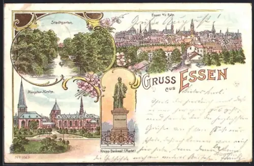 Lithographie Essen a. d. Ruhr, Stadtansicht, Stadtgarten, Münster-Kirche, Krupp-Denkmal