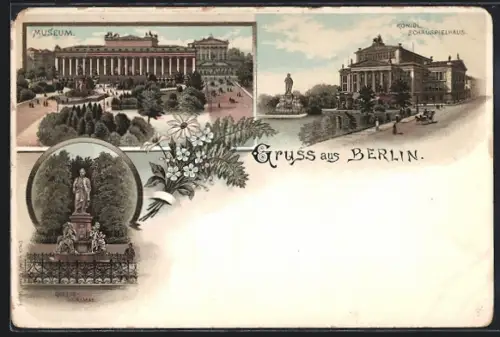 Lithographie Berlin, Altes Museum, Königl. Schauspielhaus und Goethedenkmal