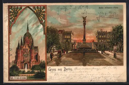 Lithographie Berlin-Kreuzberg, Belle-Alliance-Platz, Heil.-Kreuz-Kirche