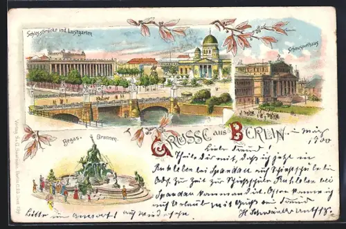 Lithographie Berlin, Schlossbrücke und Lustgarten, Schauspielhaus, Begas-Brunnen