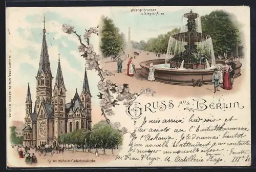 Lithographie Berlin, Kaiser-Wilhelm-Gedächtniskirche, Wrangelbrunnen, Sieges-Allee