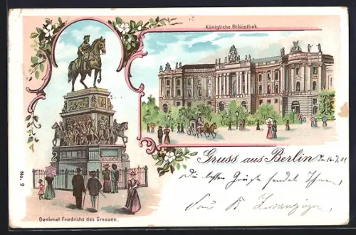 Lithographie Berlin, Königliche Bibliothek, Denkmal Friedrichs des Grossen