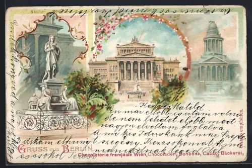 Lithographie Berlin, Königliches Schauspielhaus, Französischer Dom, Schiller-Denkmal, Gendarmenmarkt