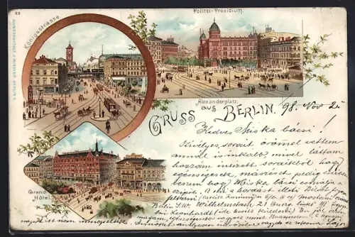 Lithographie Berlin, Alexanderplatz und Grand Hotel