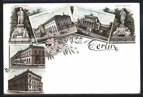 Lithographie Berlin, Gendarmenmarkt, Kgl. Opernhaus, Kgl. Schauspielhaus, Reichsbank, Auswärtiges Amt, Goethe-Denkmal