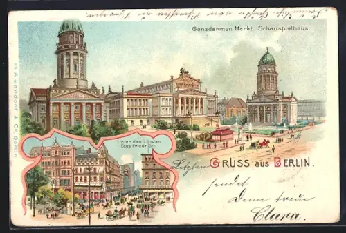 Lithographie Berlin, Gendarmen Markt mit Schauspielhaus, Unter den Linden Ecke Friedrichstrasse