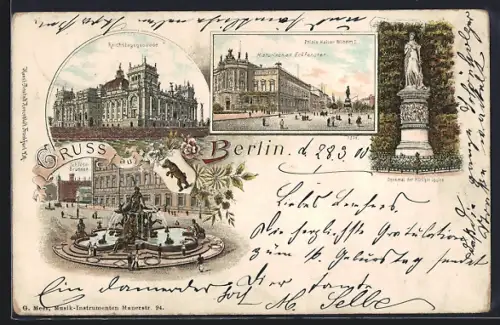 Lithographie Berlin, Schloss Brunnen, Reichstagsgebäude, Denkmal Königin Louise, Palais Kaiser Wilhelm I.