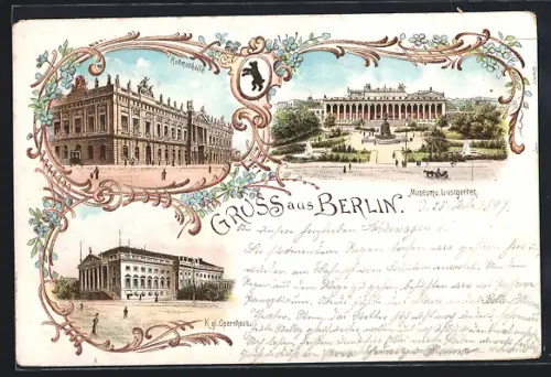Lithographie Berlin, Ruhmeshalle, Kgl. Opernhaus, Museum u. Lustgarten, Pferdekutsche