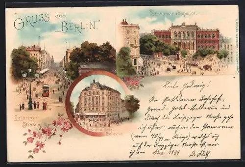 Lithographie Berlin, Potsdamer Bahnhof, Leipziger Strasse, Grand-Hotel Bellevue
