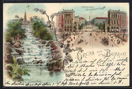 Lithographie Berlin-Kreuzberg, Hallesches Tor und Belle Alliance Platz, Wasserfall im Victoriapark