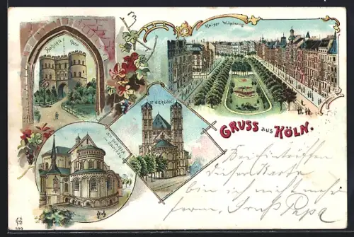 Lithographie Cöln, Hahnentor, Kaiser Wilhelmring, St. Maria im Capitol, St. Gereon