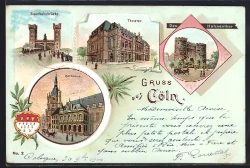 Lithographie Köln, Das Hahnenthor, Eisenbahnbrücke, Rathaus