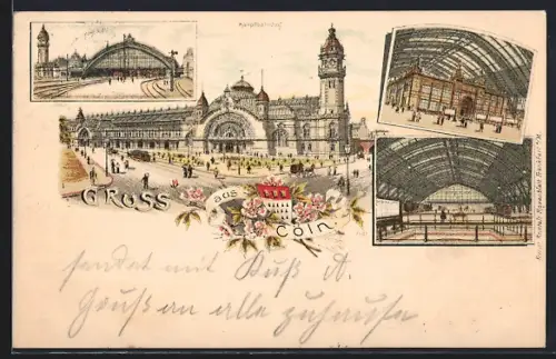 Lithographie Köln, Verschieden Ansichten des Hauptbahnhofs
