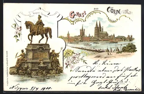 Lithographie Köln, Uferpartie mit Dom, Kaiser Wilhelm-Denkmal