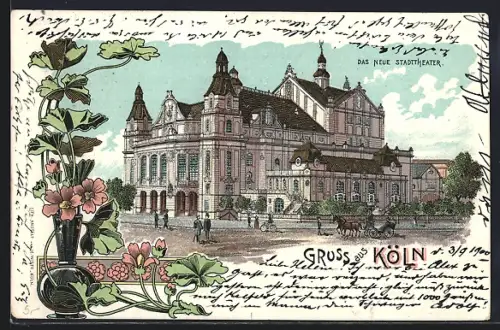 Lithographie Köln-Neustadt, Neues Stadttheater mit Pferdewagen